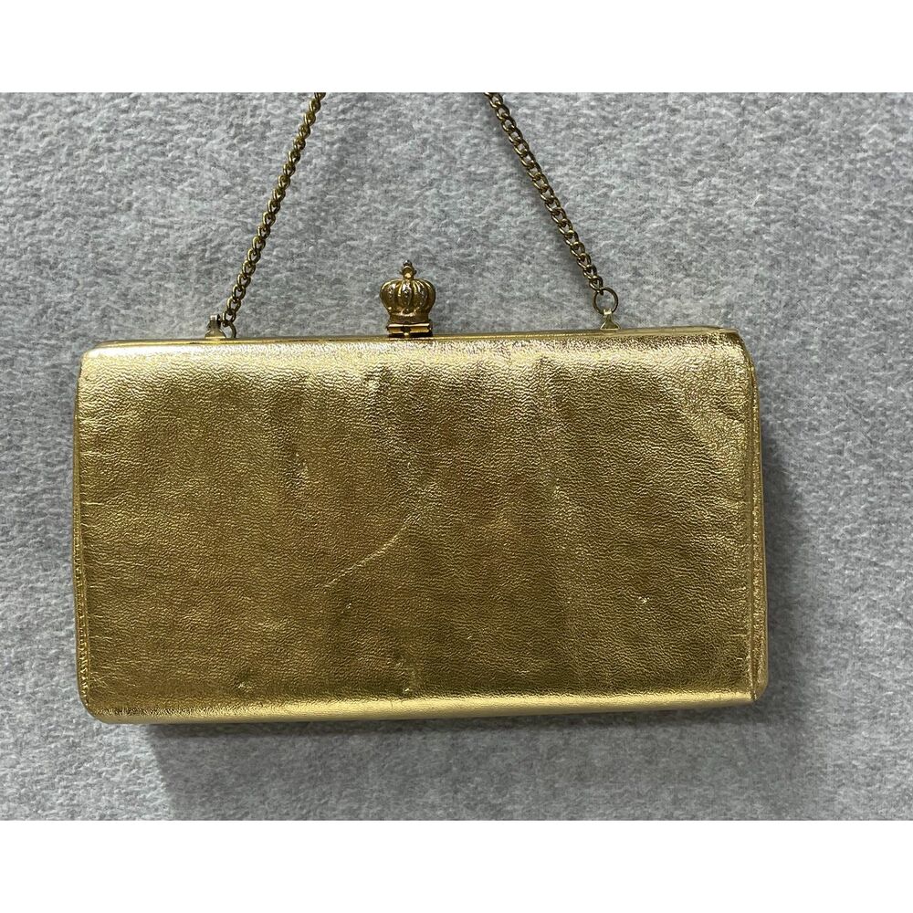 Vintage Gold Evening Bag Crown Clasp Chain Handle Formal Purse 1950s